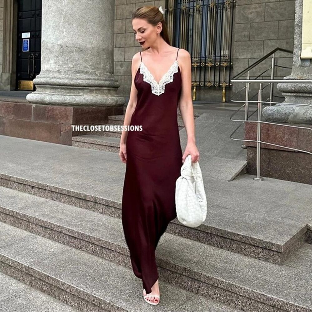 NWT ZARA LACE SLIP DRESS ZW COLLECTION satin silk maxi dress Lingerie Burgundy - Picture 16 of 16
